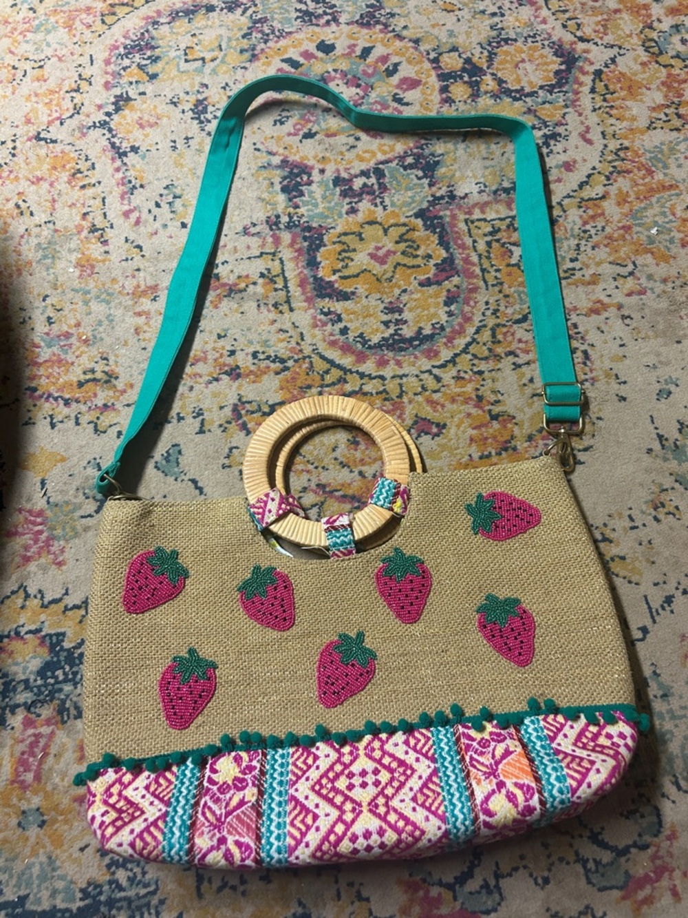 America & Beyond Straw Tote Bag with Pink Strawberry Embroidery and Green Strap